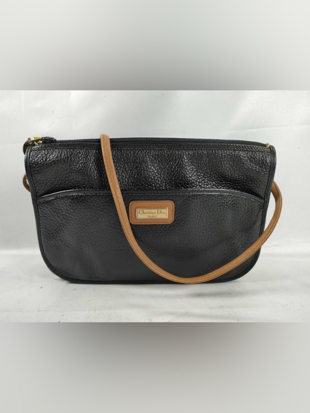 Vintage Christian Dior Black Leather Shoulder Bag with Tan Trim